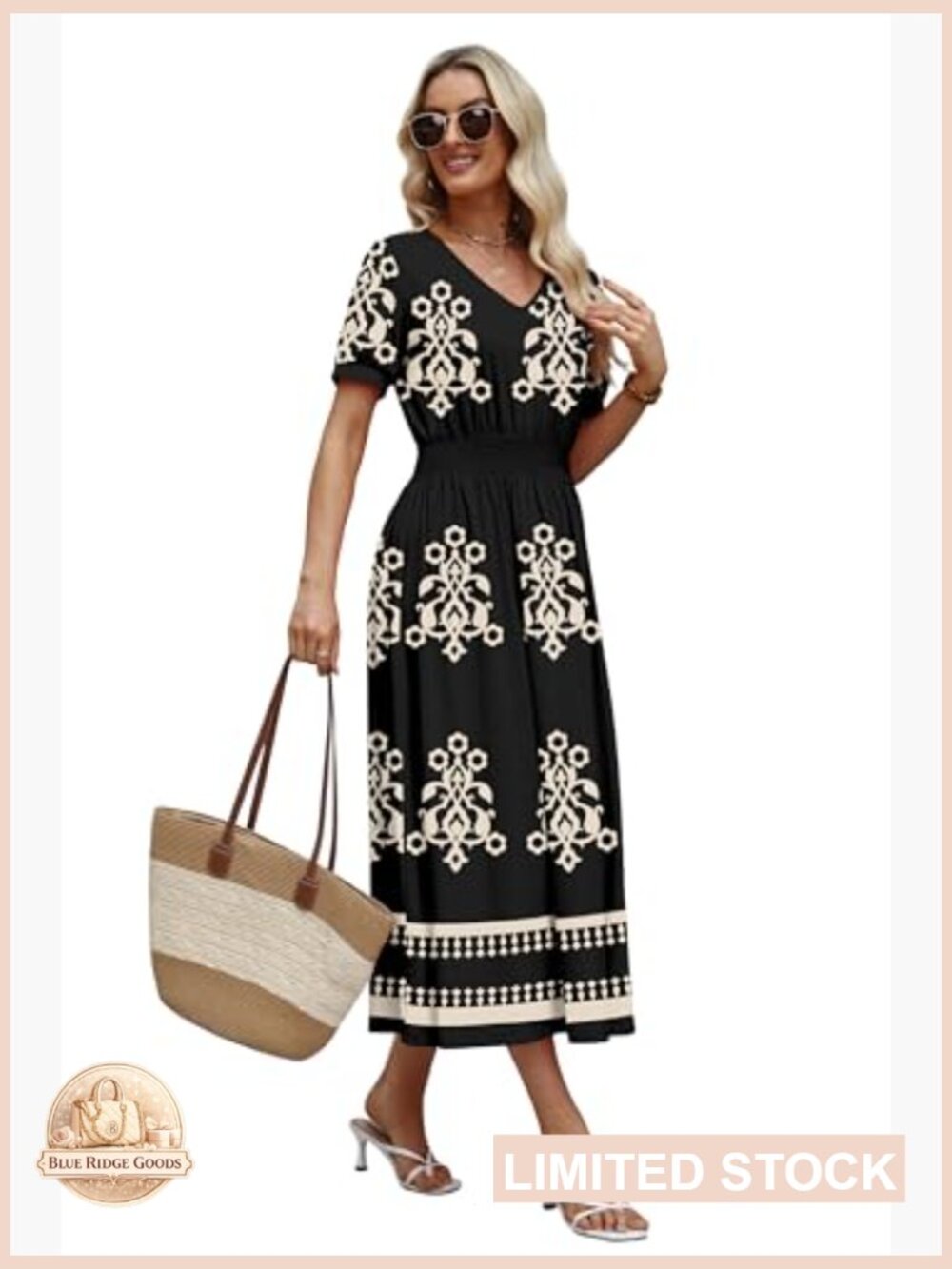 V Neck Maxi Dress Smocked Waist A Line Flowy Midi Boho Casual Summer - Picture 4 of 5